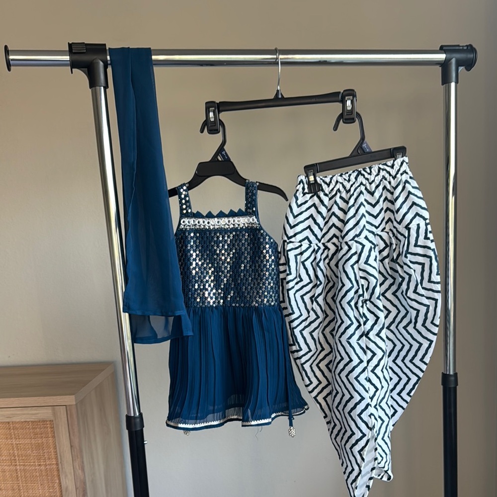 Blue Sequin peplum Top and Blue White Chevron dhoti pant Set